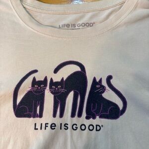 Life Is Good Cream Long Sleeve T-Shirt with Purple Cat Design XXL